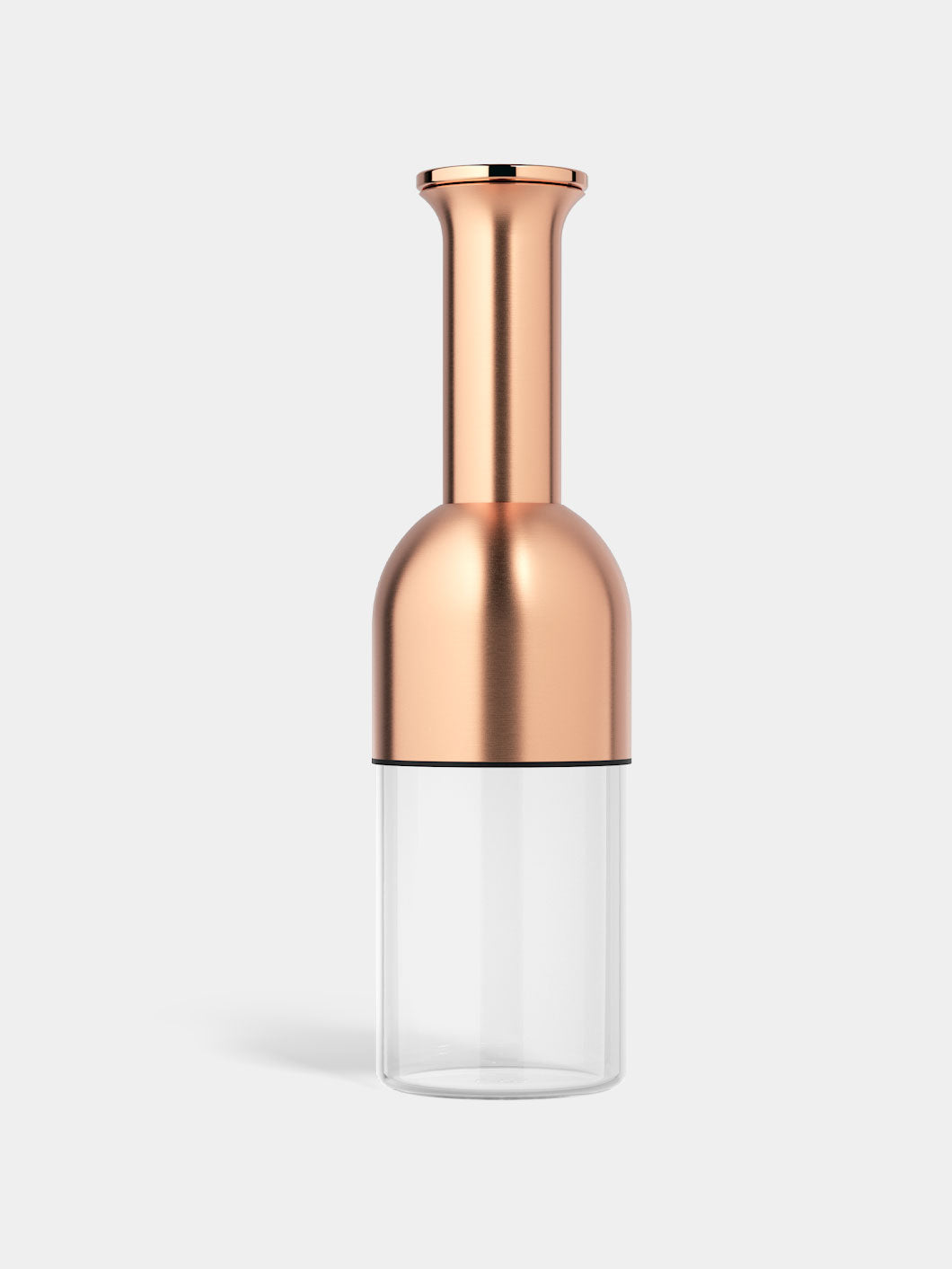 A wine decanter with a copper satin finish and a clear glass base.