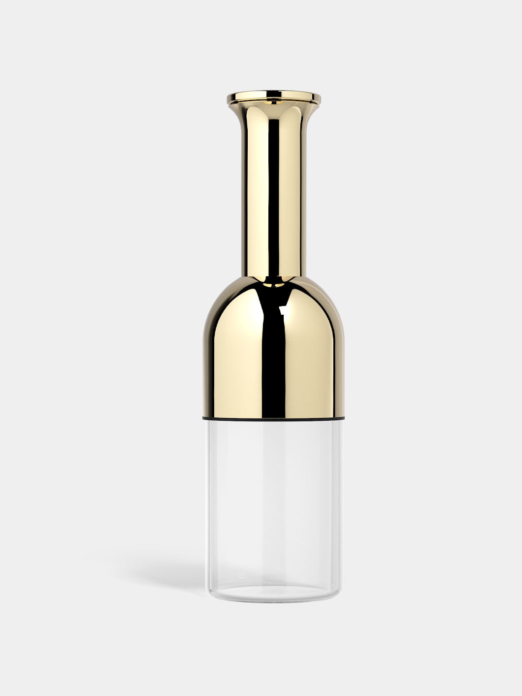 A gold mirror finish wine decanter with a sleek design, featuring a long funnel and a sharp lip for drip-free pouring.
