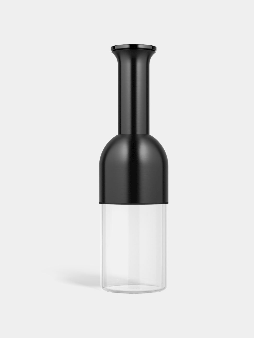 A wine decanter with a graphite satin finish on the upper part and a clear glass base. It has a sleek, modern design.