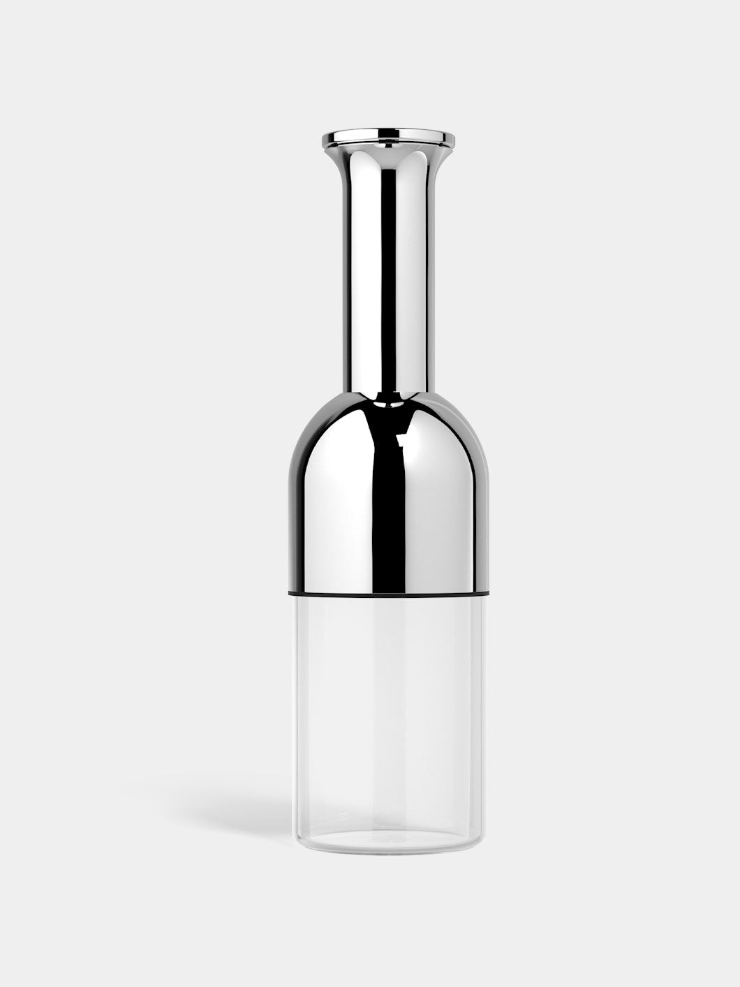 A silver stainless steel wine decanter with a clear glass base and a reflective mirror finish.
