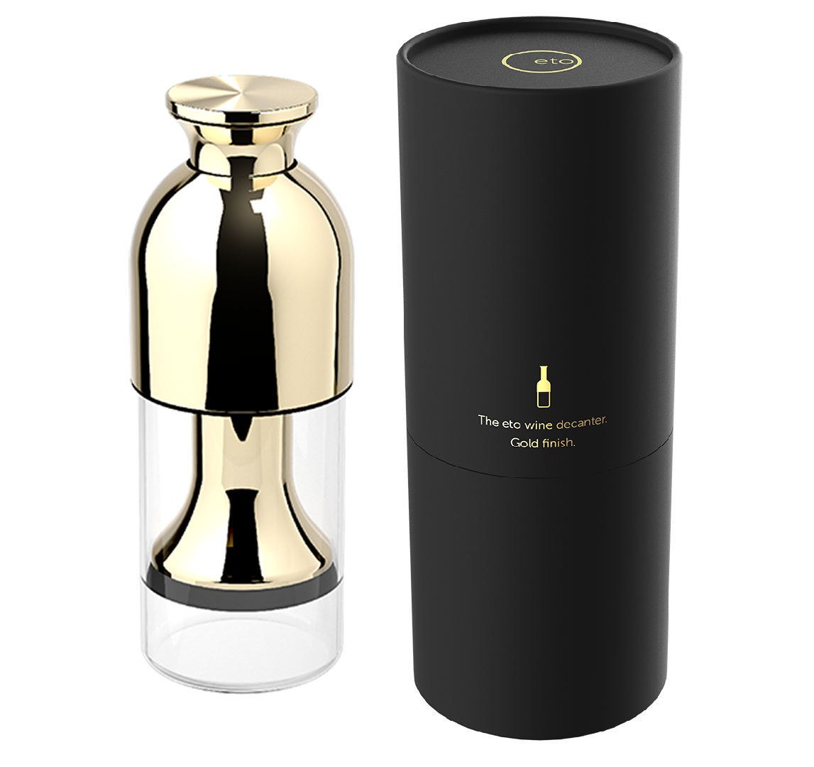 eto wine preservation decanter  in gold mirror finish with black tube presentation pack
