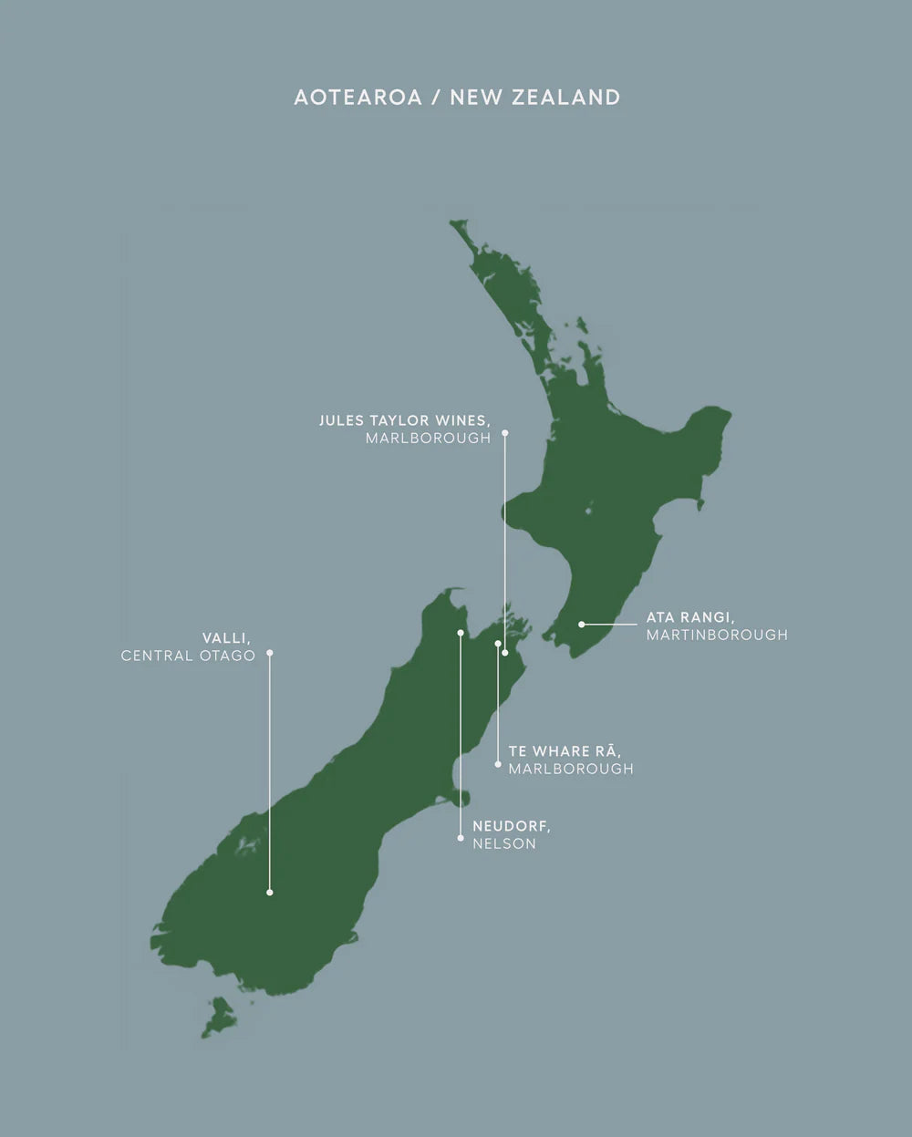 Map of New Zealand with wine regions labeled on a light blue background