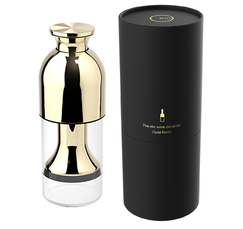 eto wine preservation decanter  in gold mirror finish with black tube presentation pack