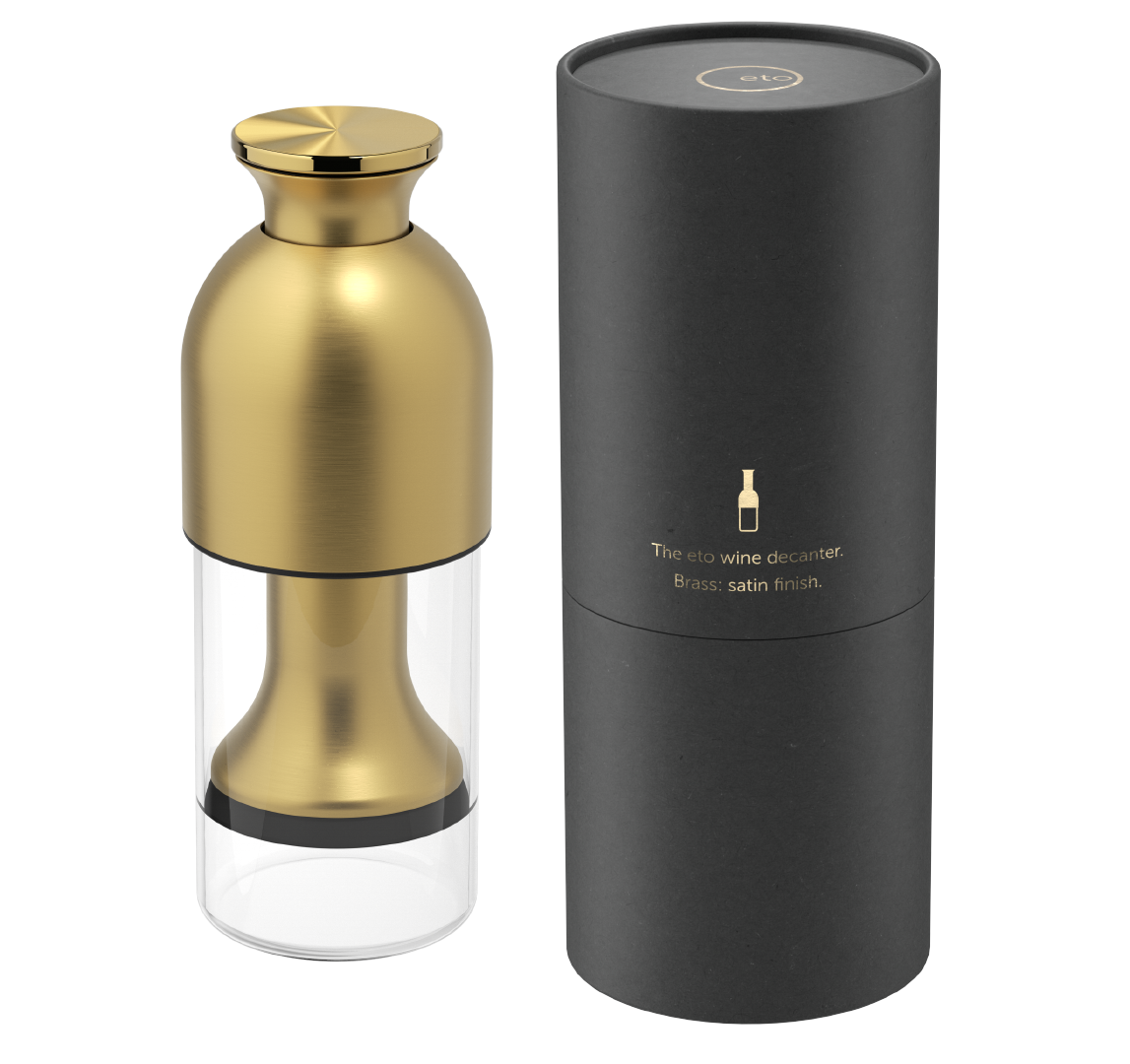 Limited edition eto wine preservation decanter in brass satin finish with black tube presentation pack