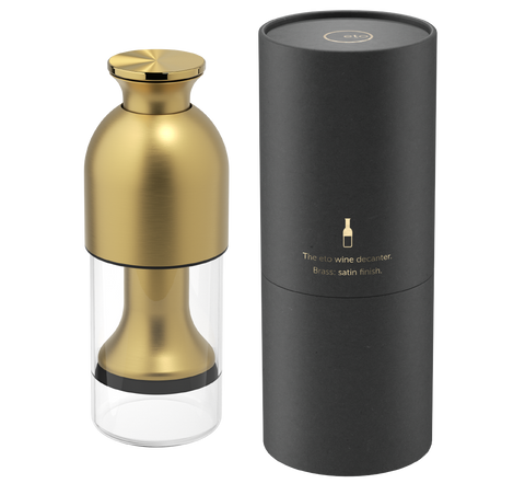 Limited edition eto wine preservation decanter in brass satin finish with black tube presentation pack