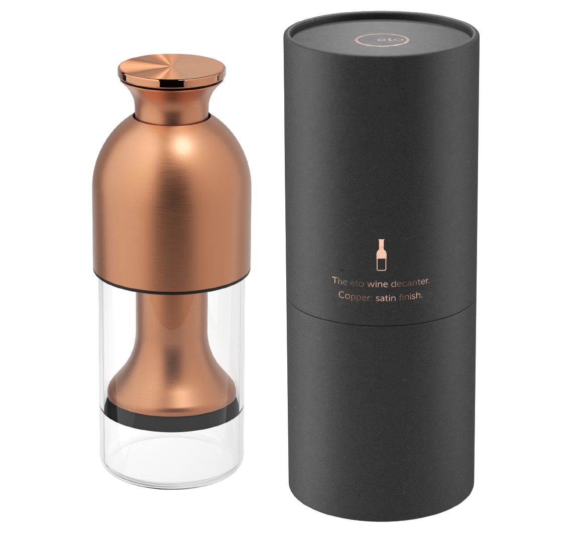 Limited edition eto wine preservation decanter in copper satin finish with black tube presentation pack