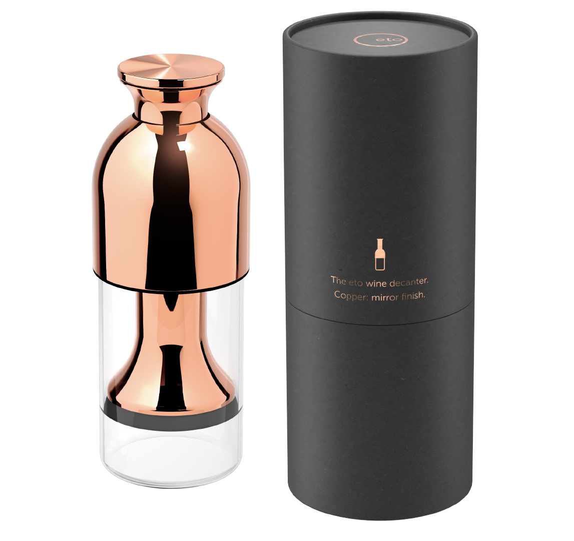 eto wine preservation decanter in copper mirror finish with black tube presentation pack